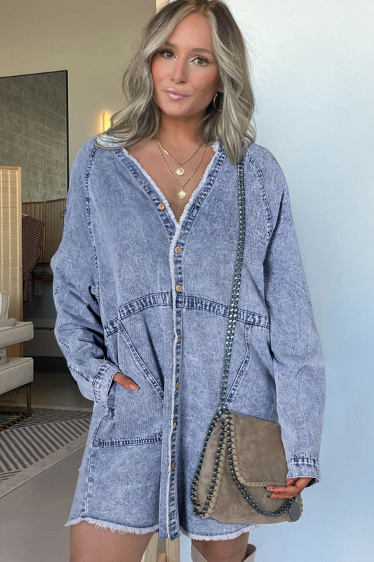 Raw Hem Button Down Long Sleeve Denim Dress - Classique Collection