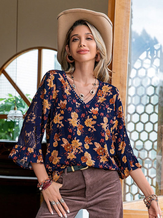 Floral V-Neck Crochet Blouse - Classique Collection