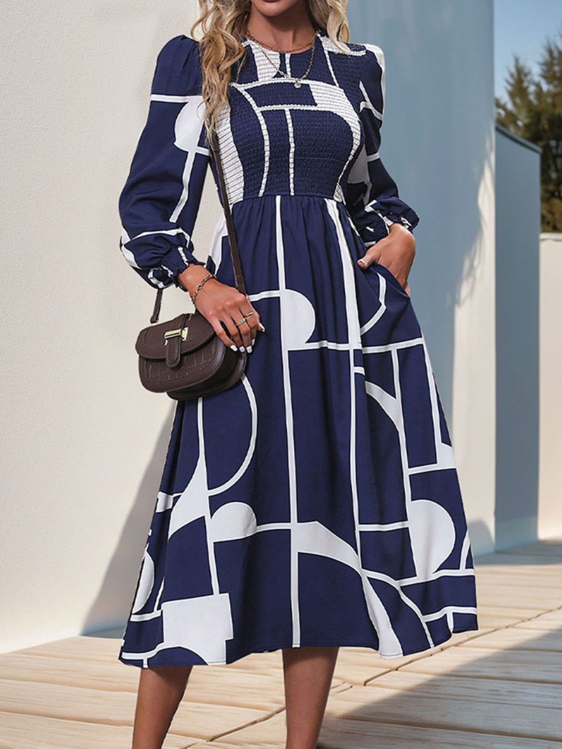 Perfee Smocked Color Block Long Sleeve Midi Dress - Classique Collection
