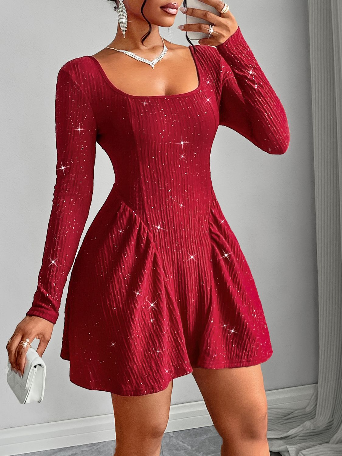 Backless Glitter Square Neck Long Sleeve Mini Dress - Classique Collection
