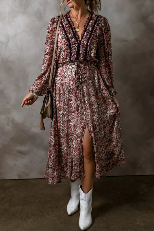 Frill Printed V-Neck Long Sleeve Midi Dress - Classique Collection
