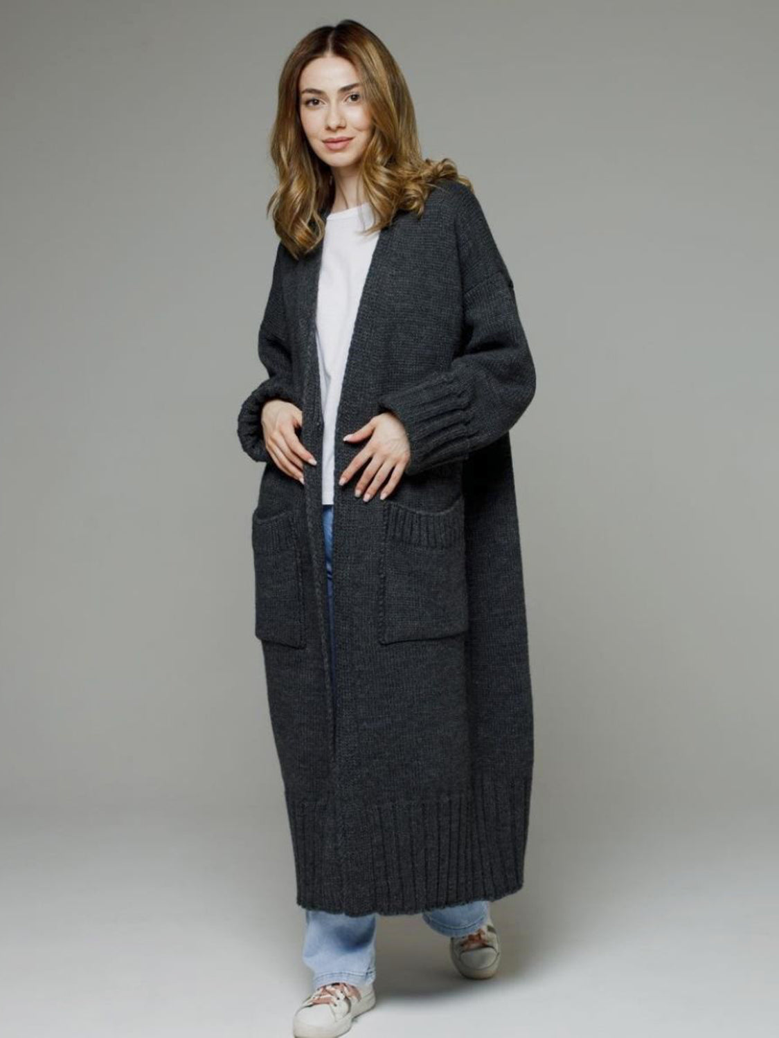 Pocketed Open Front Dropped Shoulder Cardigan - Classique Collection