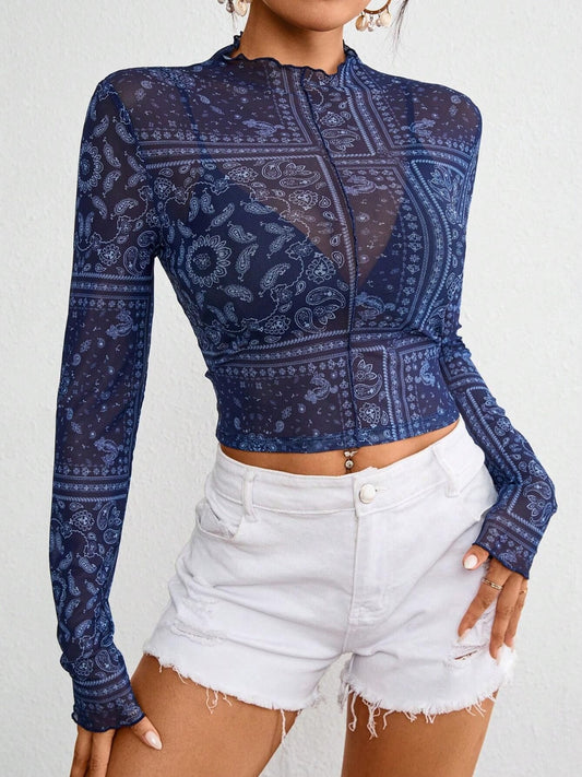 Paisley Mock Neck Long Sleeve Sheer Top - Classique Collection