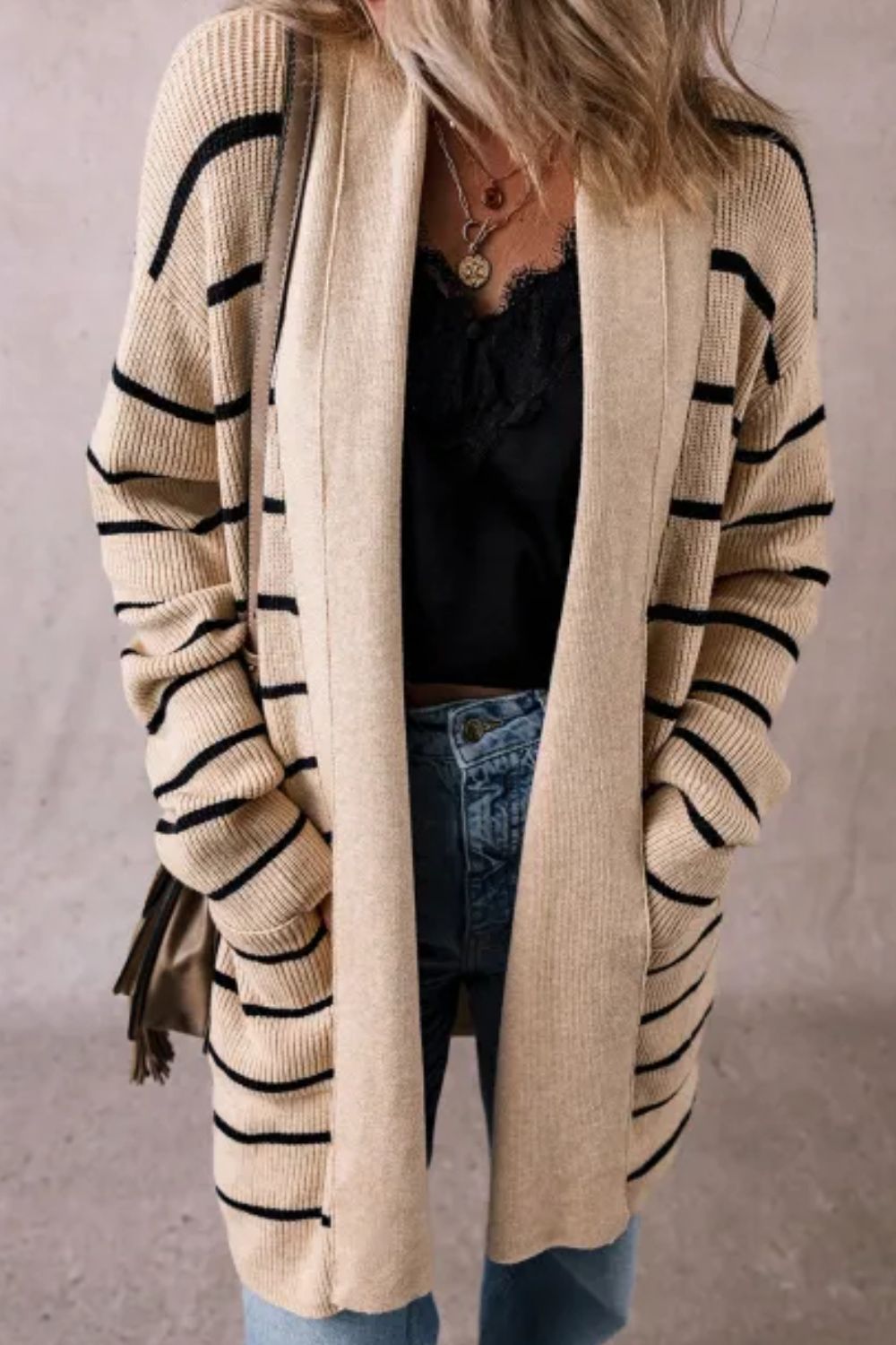 Striped Open Front Long Sleeve Cardigan - ClassiQ