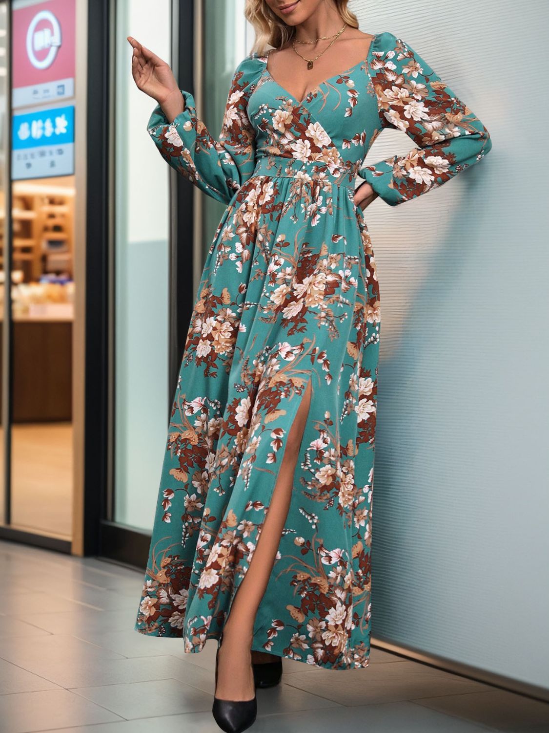 Perfee Slit Printed Surplice Long Sleeve Maxi Dress - Classique Collection