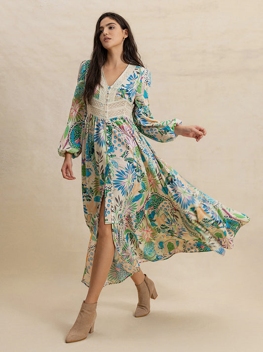 Slit Printed V-Neck Long Sleeve Midi Dress - Classique Collection