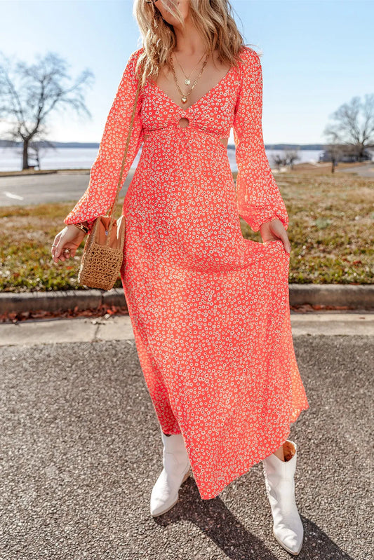 Printed V-Neck Long Sleeve Midi Dress - Classique Collection
