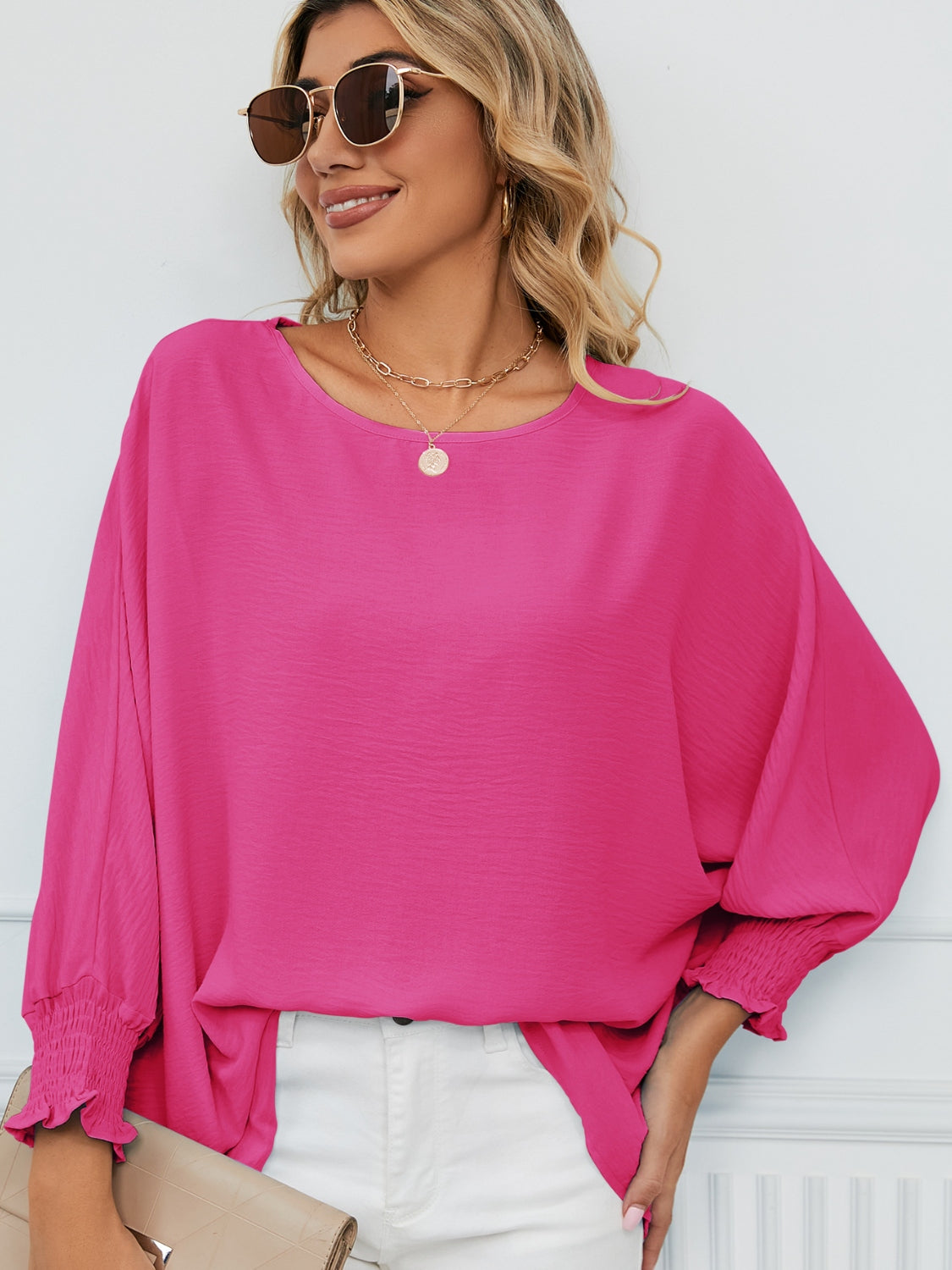 Smocked Lantern Sleeve Round Neck Blouse - Classique Collection