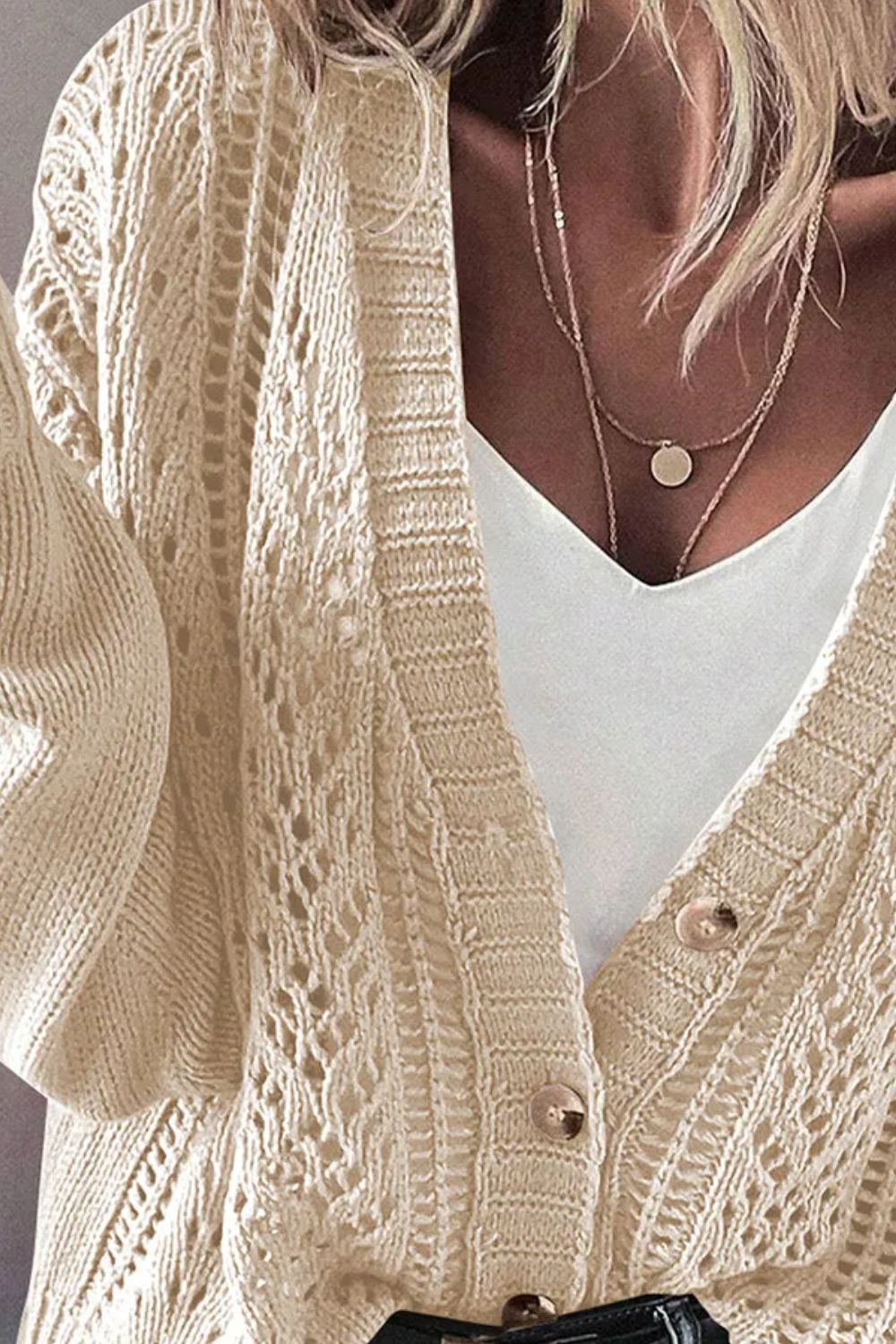 Openwork Button Up Long Sleeve Cardigan - ClassiQ