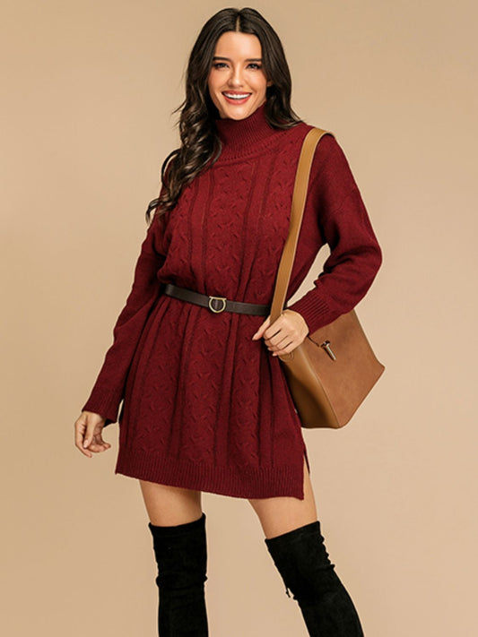 Perfee Slit Turtleneck Long Sleeve Mini Sweater Dress - Classique Collection