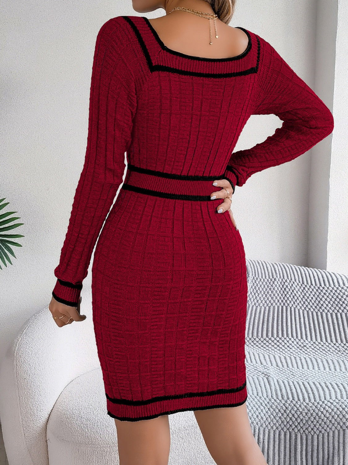 Contrast Trim Long Sleeve Sweater Dress - Classique Collection