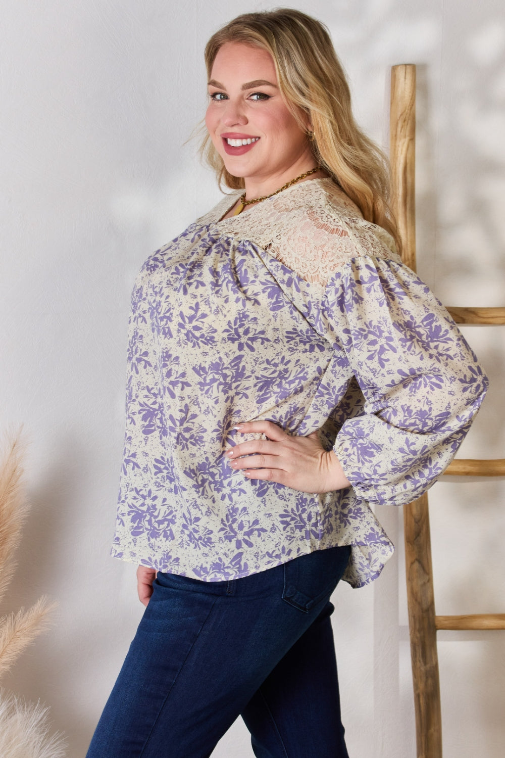 Hailey & Co Full Size Lace Detail Printed Blouse - Classique Collection