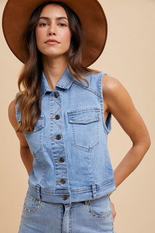 Annie Wear Collared Neck Button Down Denim Vest - ClassiQ
