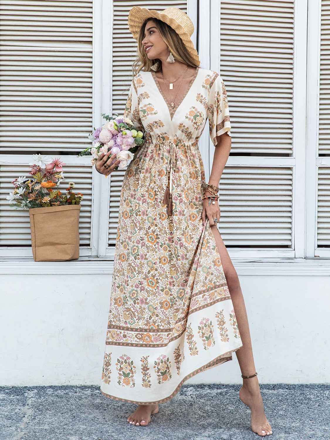 Drawstring Printed Plunge Half Sleeve Dress - Classique Collection