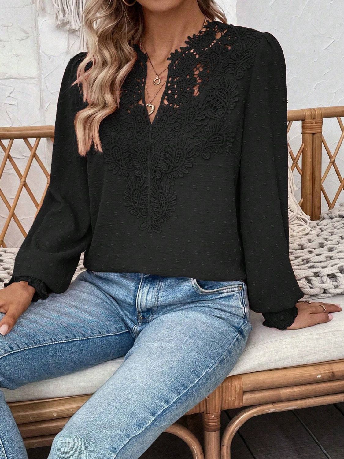Swiss Dot Lace Detail Notched Long Sleeve Blouse - Classique Collection