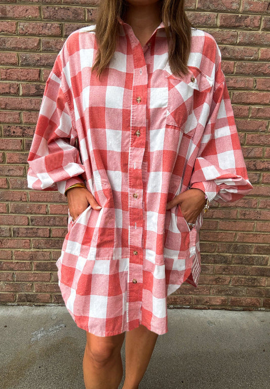 Plaid Collared Neck Long Sleeve Shirt Dress - Classique Collection