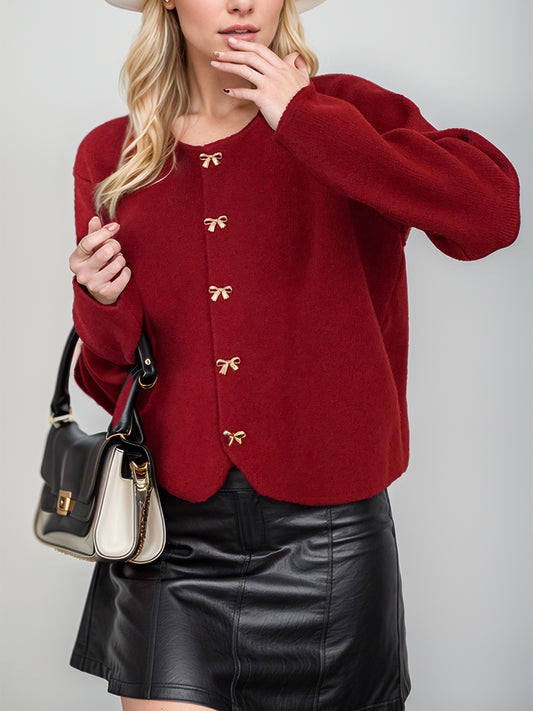 Bow Button Down Round Neck Long Sleeve Cardigan - Classique Collection