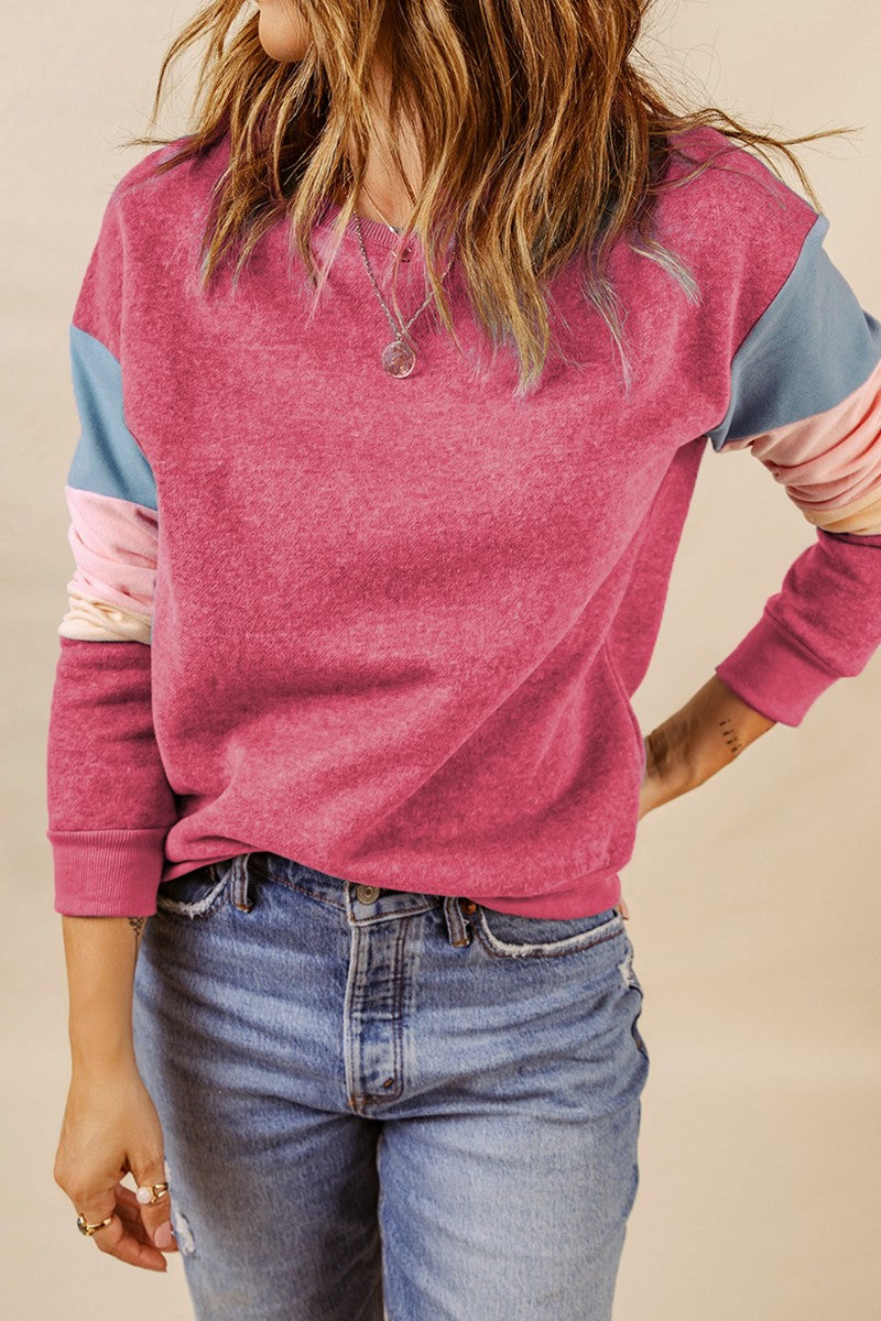 Color Block Round Neck Long Sleeve Sweatshirt - ClassiQ