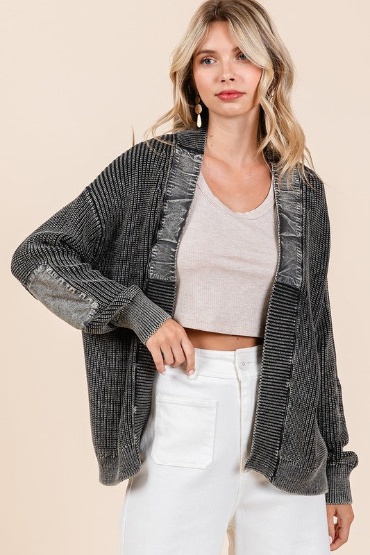 Mittoshop Contrast Patch Open Front Mineral Wash Cardigan - ClassiQ