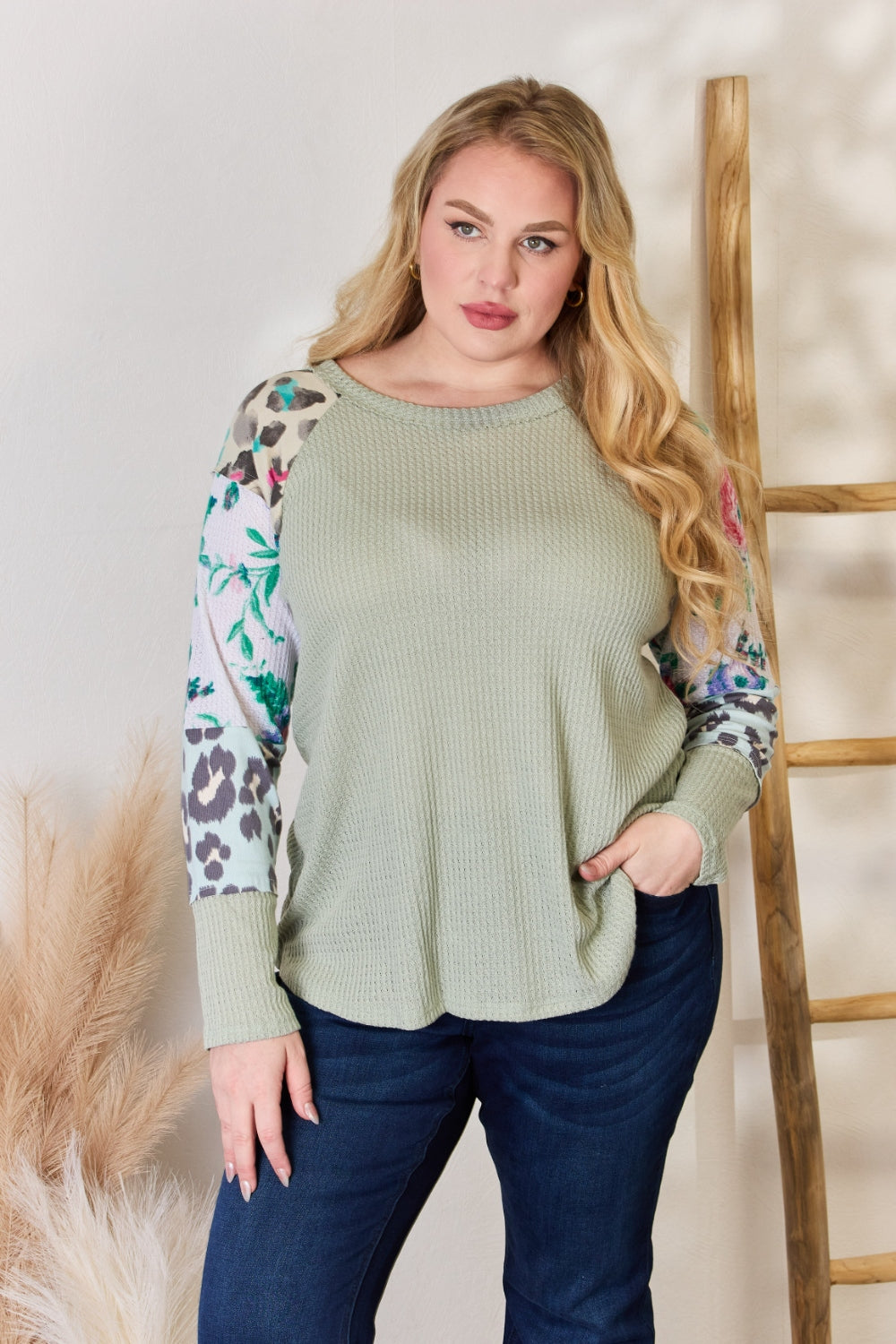 Hailey & Co Full Size Printed Round Neck Blouse - Classique Collection