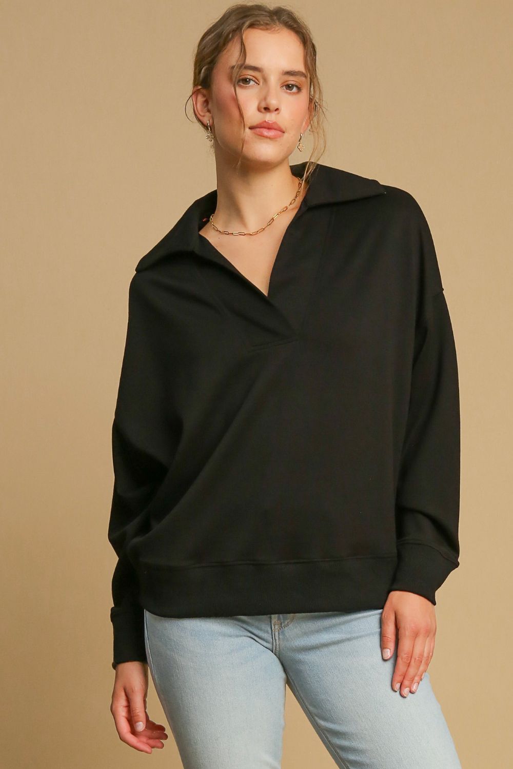 Umgee Johnny Collar Dropped Shoulder Sweatshirt - Classique Collection
