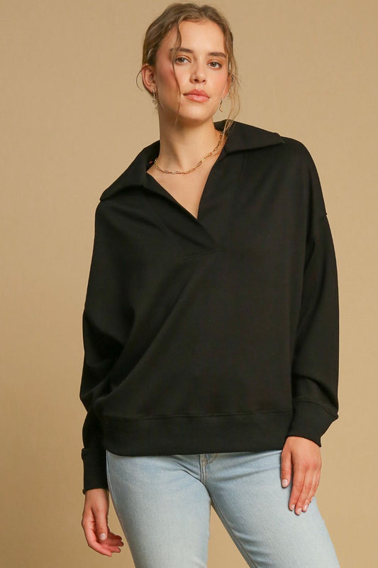 Umgee Johnny Collar Dropped Shoulder Sweatshirt - Classique Collection