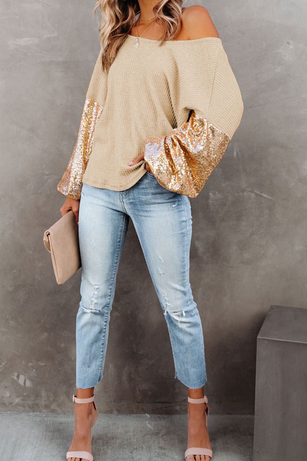 Sequin Waffle-Knit Blouse - ClassiQ
