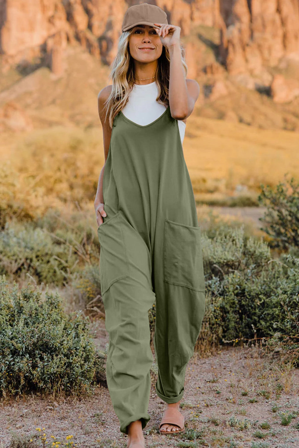 Double Take Full Size V-Neck Sleeveless Jumpsuit with Pockets - ClassiQ
