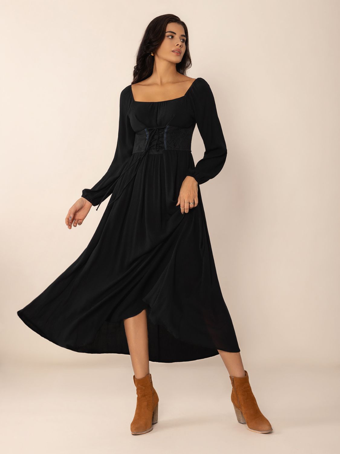 Lace-Up Square Neck Long Sleeve Midi Dress - Classique Collection