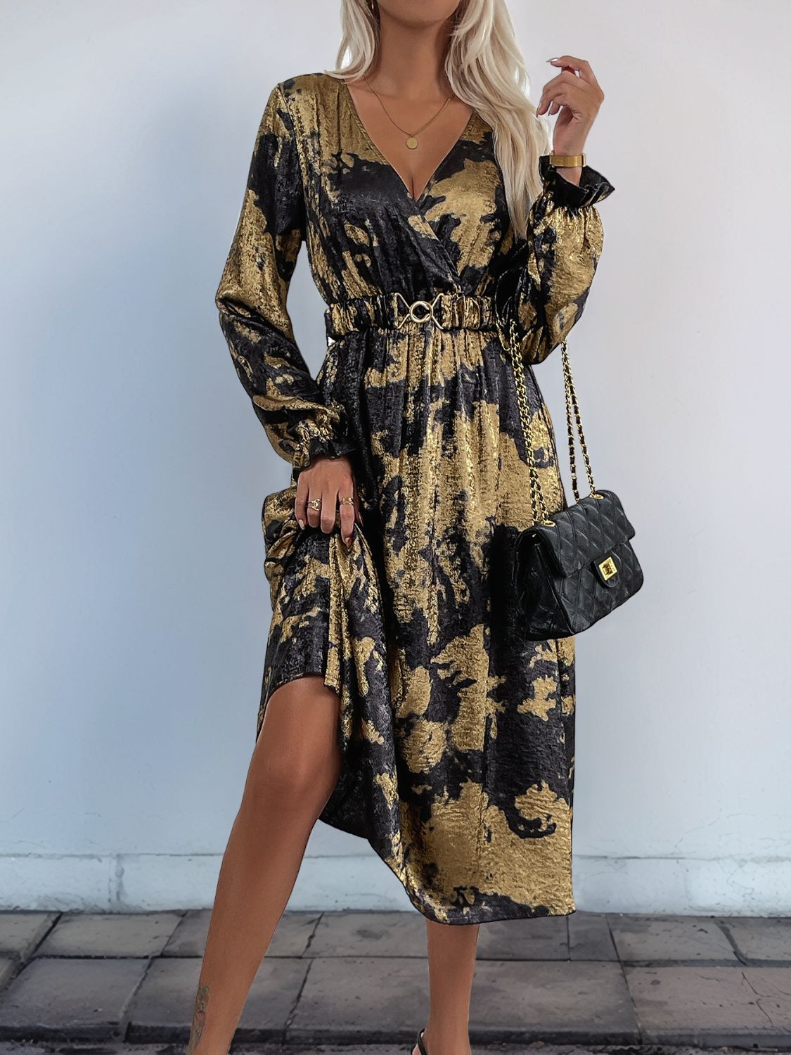 Perfee Printed Surplice Long Sleeve Midi Dress - Classique Collection