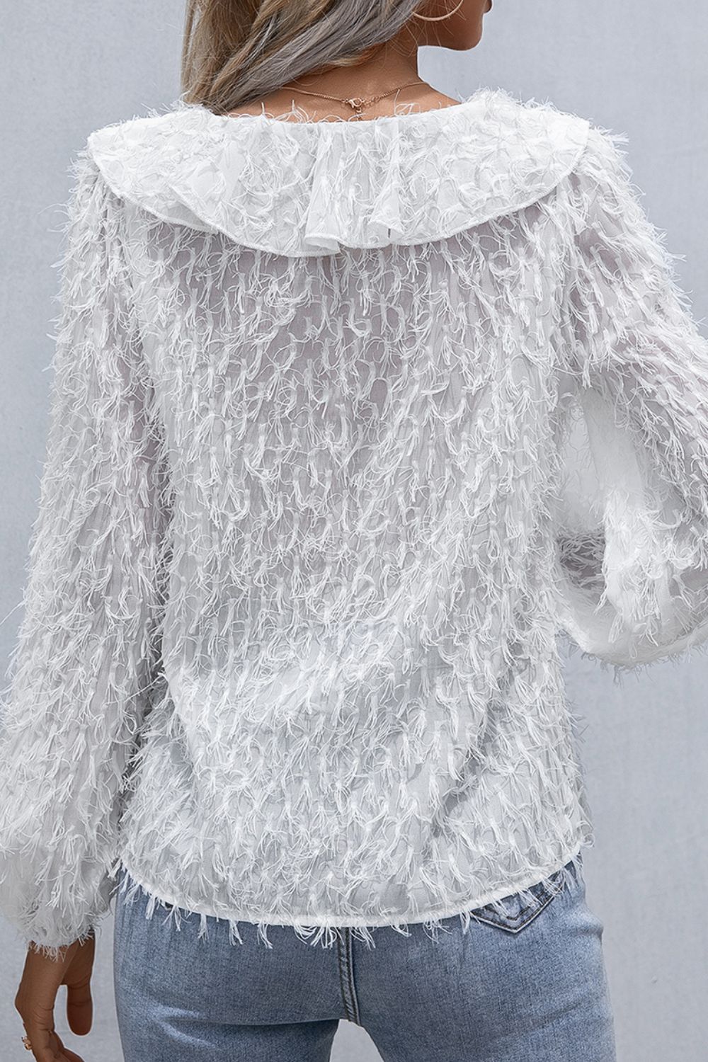 Ivy Lane Ruffle Hem Fringe V-Neck Balloon Sleeve Blouse - Classique Collection