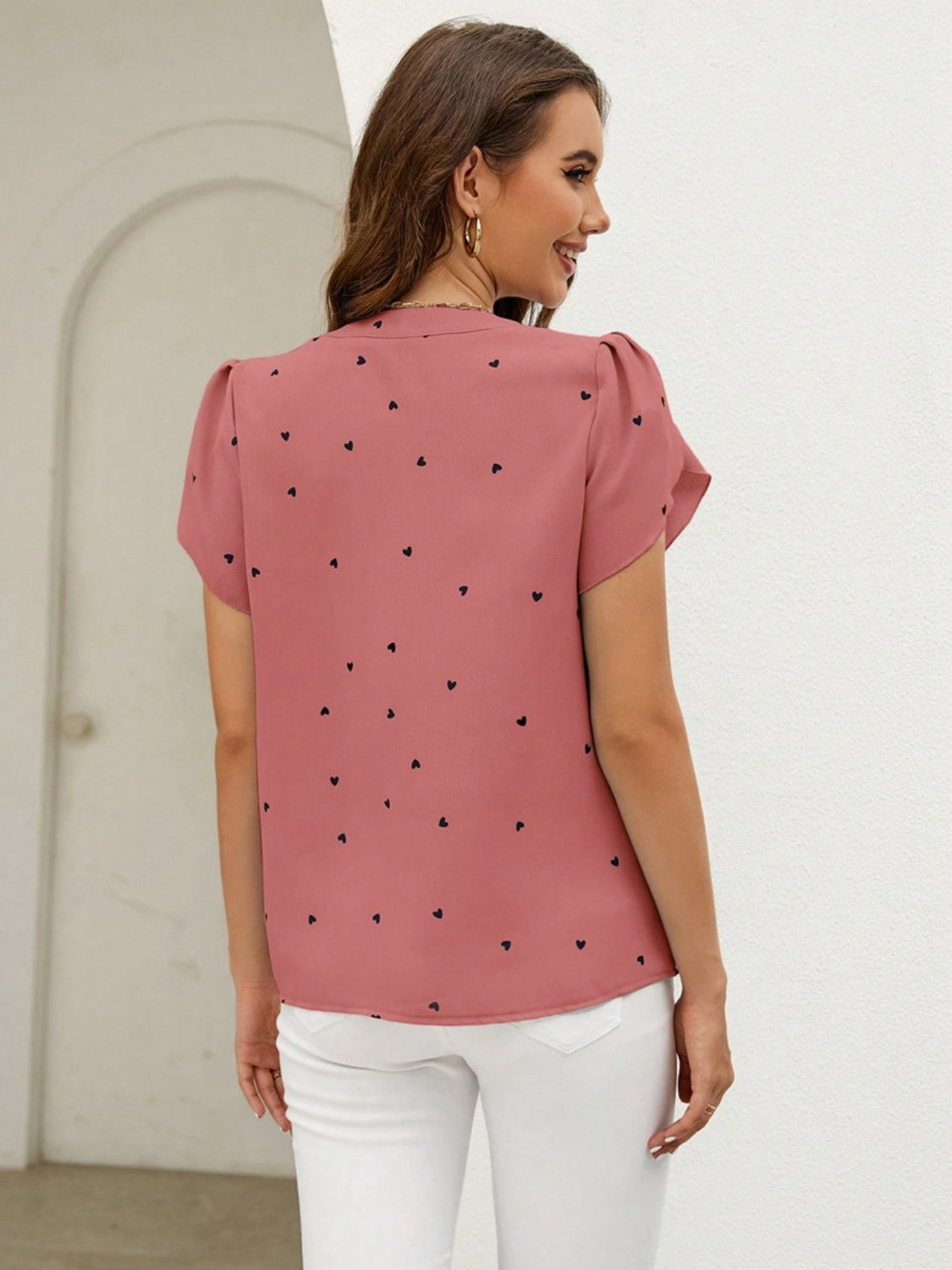 Heart Print Notched Petal Sleeve Blouse - ClassiQ