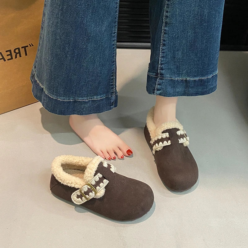 2025 /Winter Fashion Flat Shoes Comfortable  Keep Warm  Plush Flat Round Head Loafers Women's Shoes Zapatos De Mujer 3629 - ClassiQ