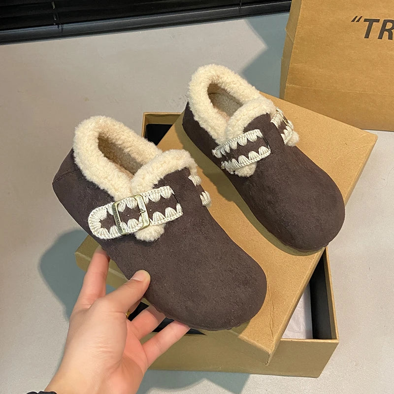 2025 /Winter Fashion Flat Shoes Comfortable  Keep Warm  Plush Flat Round Head Loafers Women's Shoes Zapatos De Mujer 3629