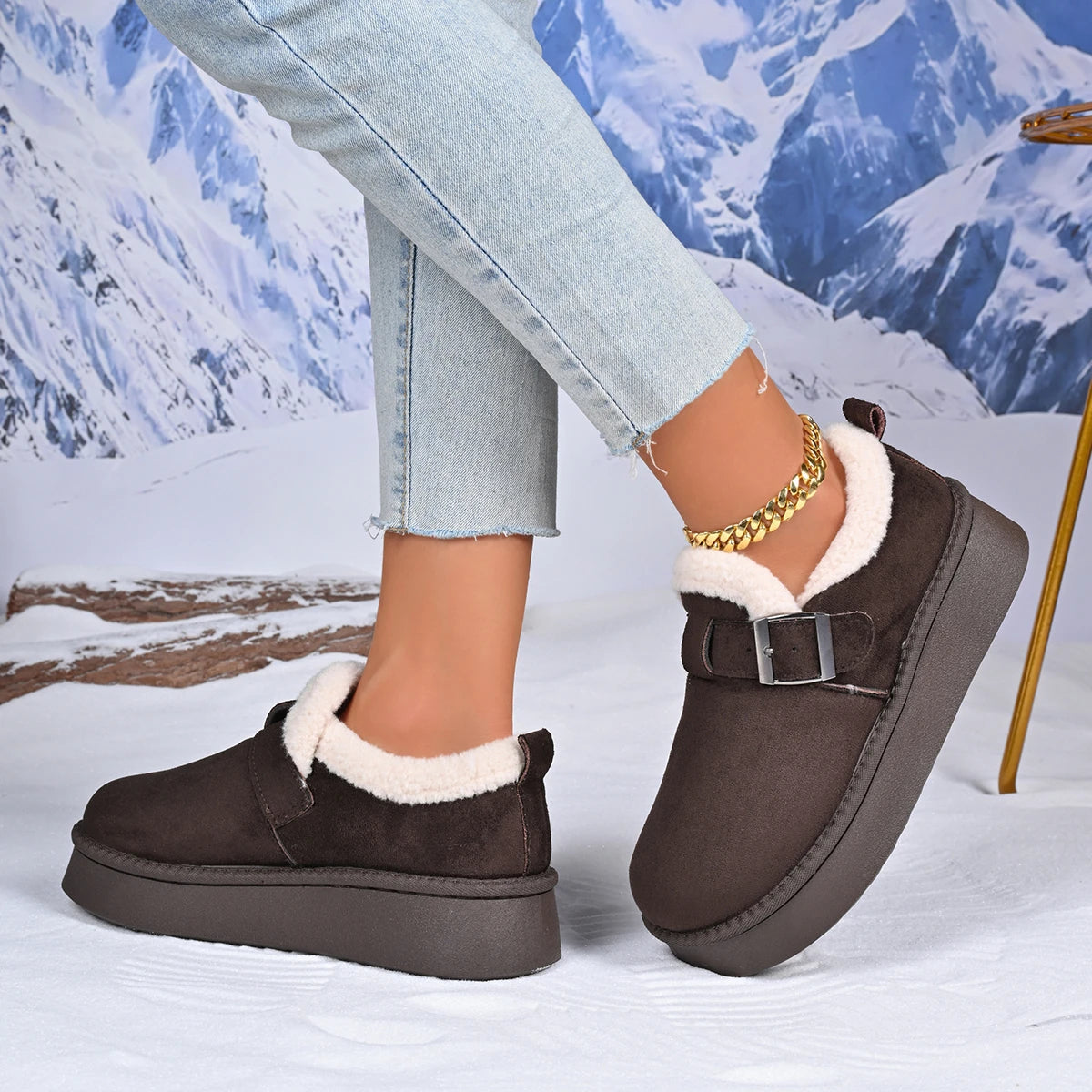 2026 Winter Fleece Lined Soft Bottom Retro Slip on Bean Bean Anti Slip Warm Cotton Snow Boots Thin Sole Comfortable Flat Shoes - ClassiQ