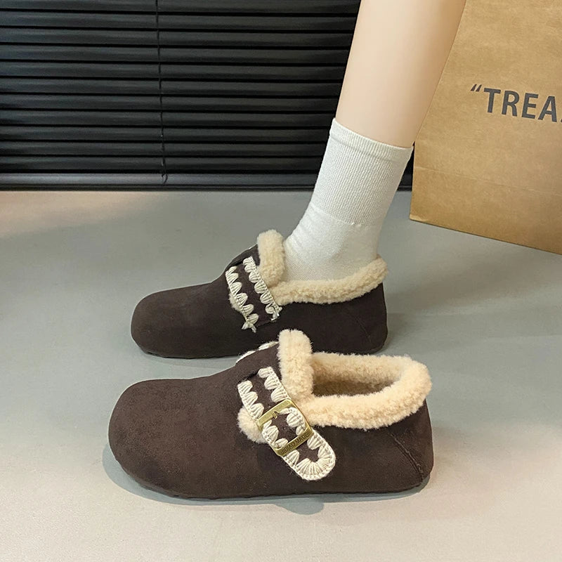 2025 /Winter Fashion Flat Shoes Comfortable  Keep Warm  Plush Flat Round Head Loafers Women's Shoes Zapatos De Mujer 3629