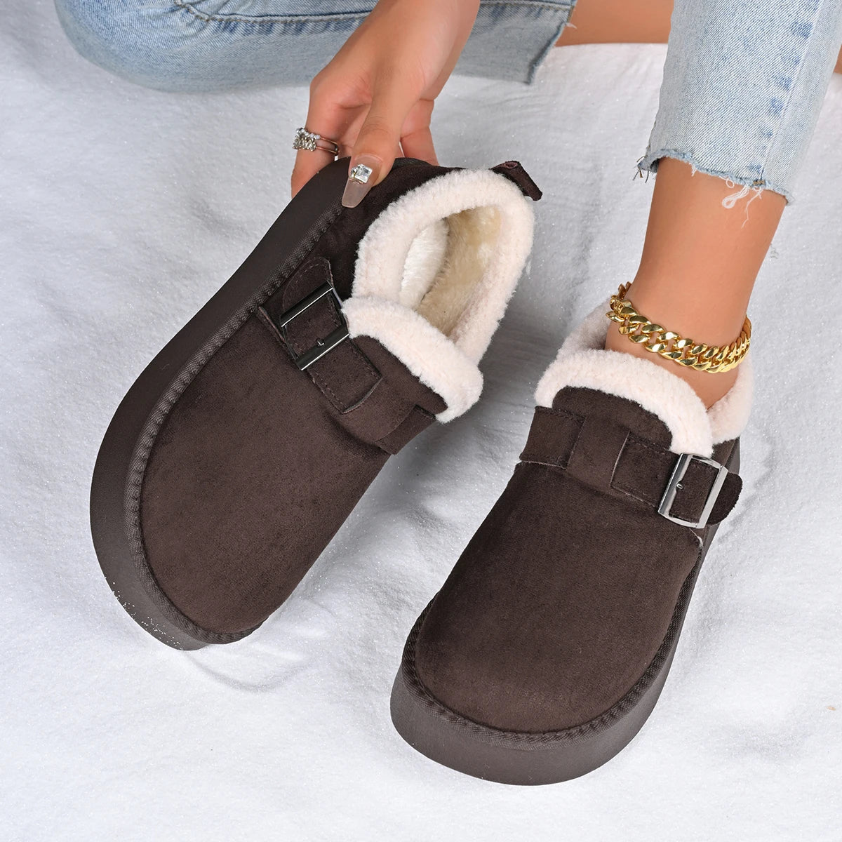2026 Winter Fleece Lined Soft Bottom Retro Slip on Bean Bean Anti Slip Warm Cotton Snow Boots Thin Sole Comfortable Flat Shoes - ClassiQ