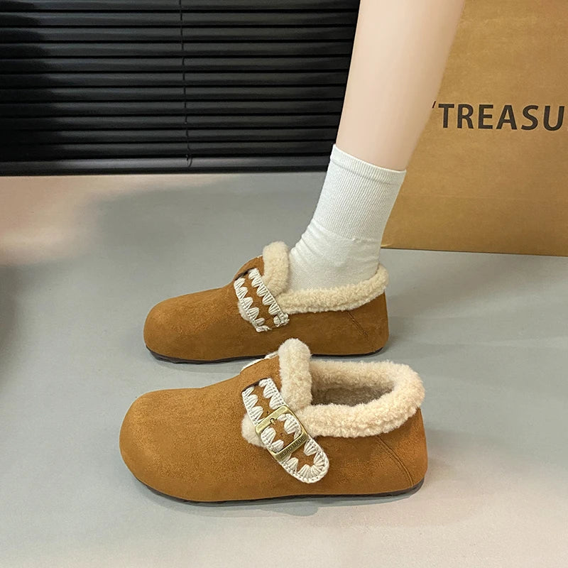 2025 /Winter Fashion Flat Shoes Comfortable  Keep Warm  Plush Flat Round Head Loafers Women's Shoes Zapatos De Mujer 3629