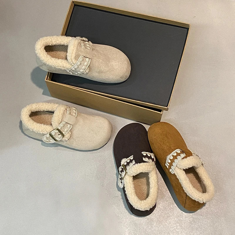 2025 /Winter Fashion Flat Shoes Comfortable  Keep Warm  Plush Flat Round Head Loafers Women's Shoes Zapatos De Mujer 3629