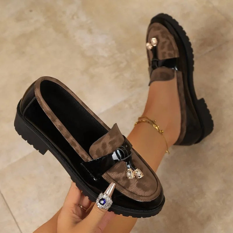 2025 New Women's Loafers - Leopard Print Platform Slip-On Shoes with Metal Buckle, Comfortable Casual Flats for Fall/Winter - ClassiQ