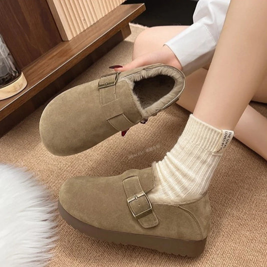 Retro suede thick-soled loafers for women autumn-winter fashion round-toe padded warm and slip-resistant cotton shoes Size 35-40