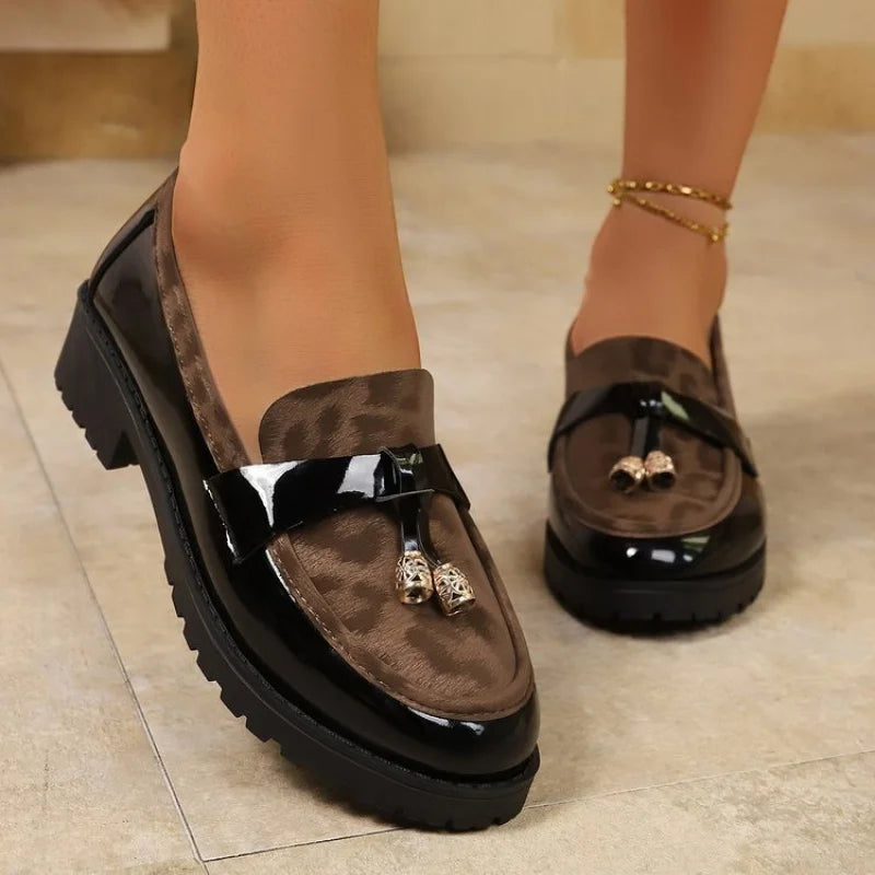 2025 New Women's Loafers - Leopard Print Platform Slip-On Shoes with Metal Buckle, Comfortable Casual Flats for Fall/Winter - ClassiQ