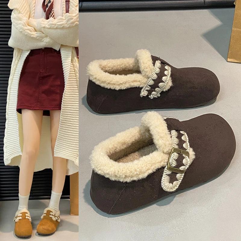 2025 /Winter Fashion Flat Shoes Comfortable Keep Warm Plush Flat Round Head Loafers Women's Shoes Zapatos De Mujer 3629 - ClassiQ