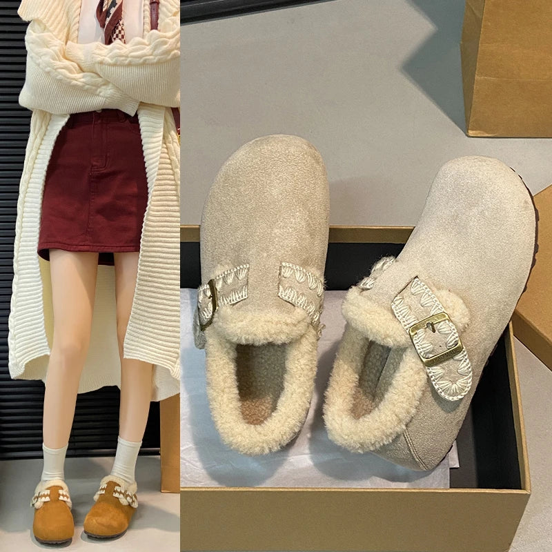 2025 /Winter Fashion Flat Shoes Comfortable  Keep Warm  Plush Flat Round Head Loafers Women's Shoes Zapatos De Mujer 3629