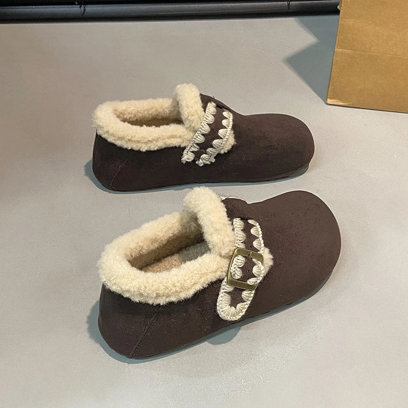 2025 /Winter Fashion Flat Shoes Comfortable  Keep Warm  Plush Flat Round Head Loafers Women's Shoes Zapatos De Mujer 3629