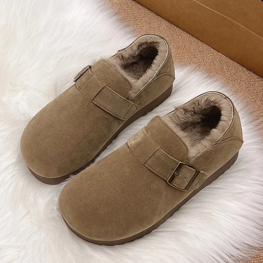 Retro suede thick-soled loafers for women autumn-winter fashion round-toe padded warm and slip-resistant cotton shoes Size 35-40