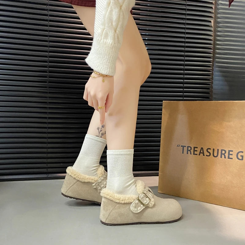 2025 /Winter Fashion Flat Shoes Comfortable  Keep Warm  Plush Flat Round Head Loafers Women's Shoes Zapatos De Mujer 3629 - ClassiQ