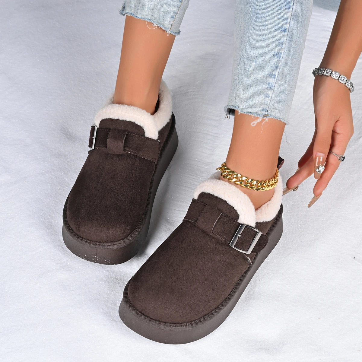 2026 Winter Fleece Lined Soft Bottom Retro Slip on Bean Bean Anti Slip Warm Cotton Snow Boots Thin Sole Comfortable Flat Shoes - ClassiQ