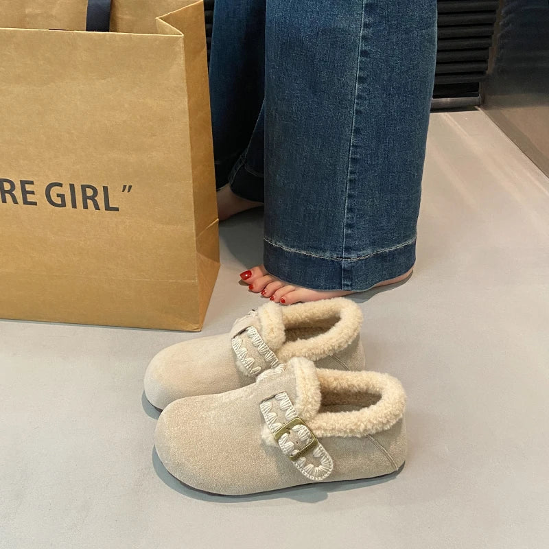 2025 /Winter Fashion Flat Shoes Comfortable  Keep Warm  Plush Flat Round Head Loafers Women's Shoes Zapatos De Mujer 3629 - ClassiQ