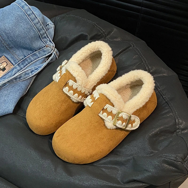 2025 /Winter Fashion Flat Shoes Comfortable  Keep Warm  Plush Flat Round Head Loafers Women's Shoes Zapatos De Mujer 3629